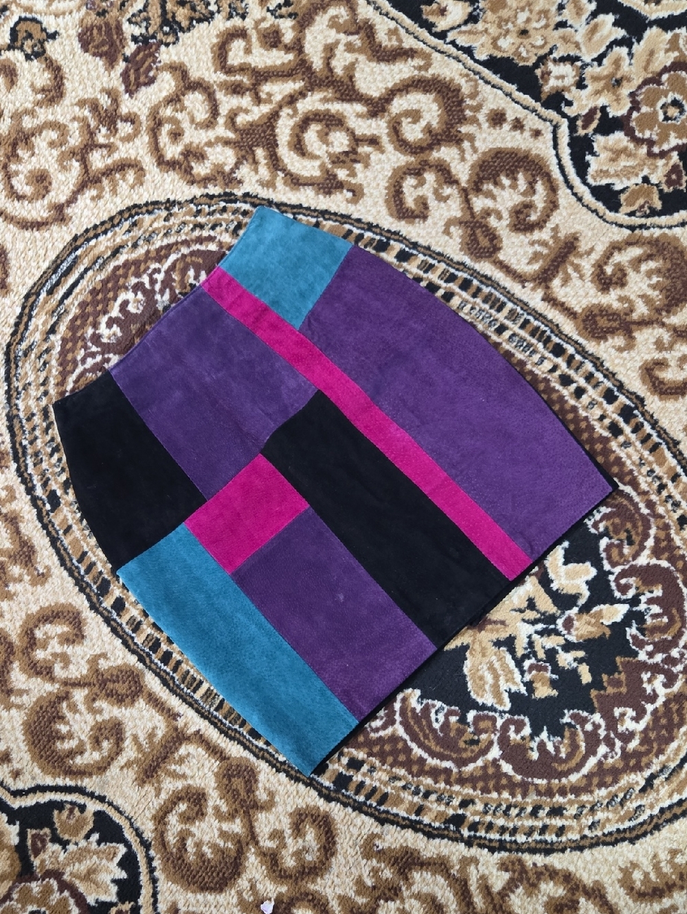 90s Y2K Patchwork Suede Miniskirt Pencil Skirt Retro Jewel Tones Pink Purple